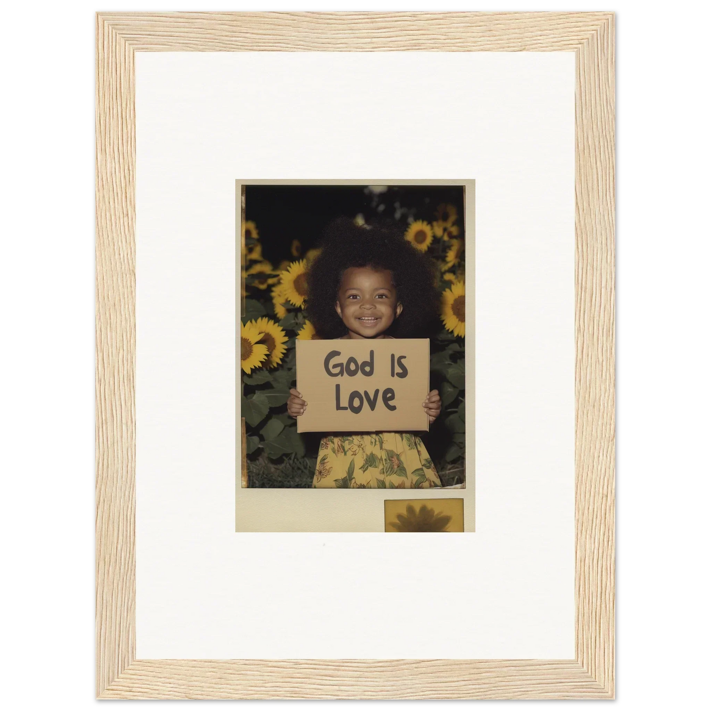 Framed canvas print of a child with a God Is Love sign and sunflowers for room decoration