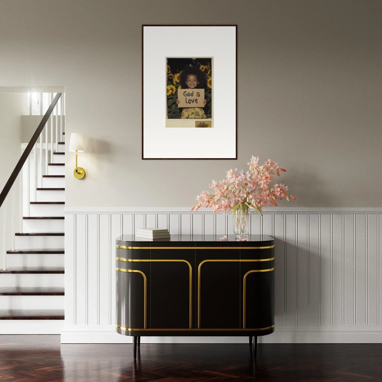 Elegant black and gold sideboard enhancing room decoration with floral arrangement and wall art