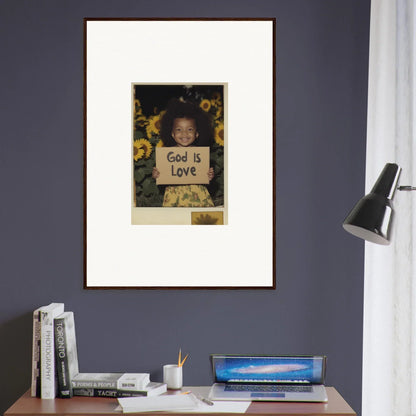 Framed wall art of a person with a God is Love sign among sunflowers for room decoration