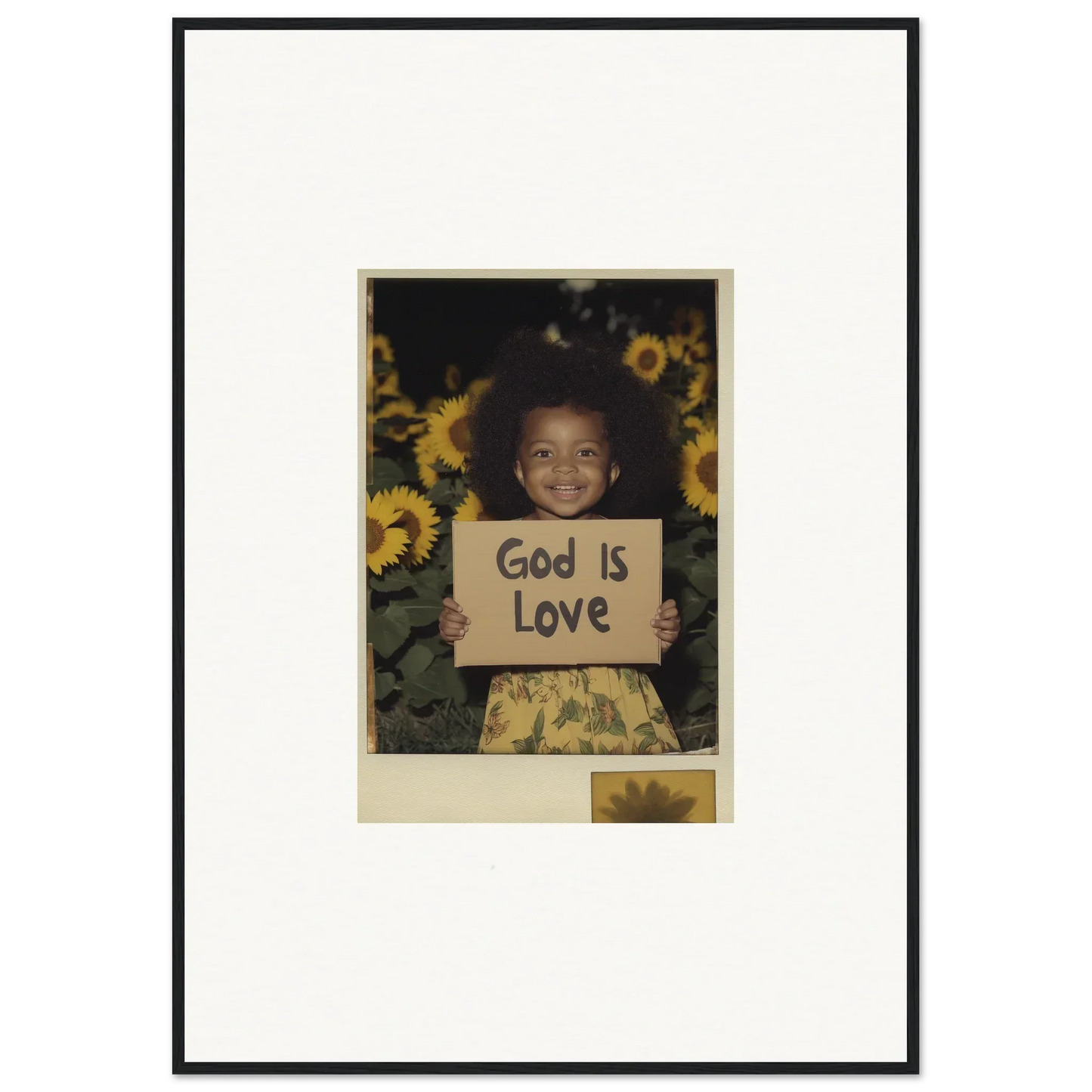 Framed wall art of a child with a God Is Love sign and sunflowers for vibrant room decoration