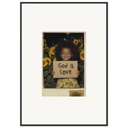 Framed wall art of a child with a God Is Love sign and sunflowers for vibrant room decoration