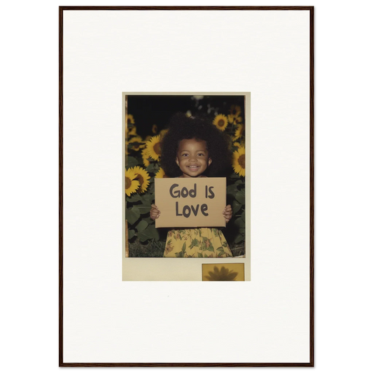 Framed photograph of a child with a God Is Love sign and sunflowers for room decoration