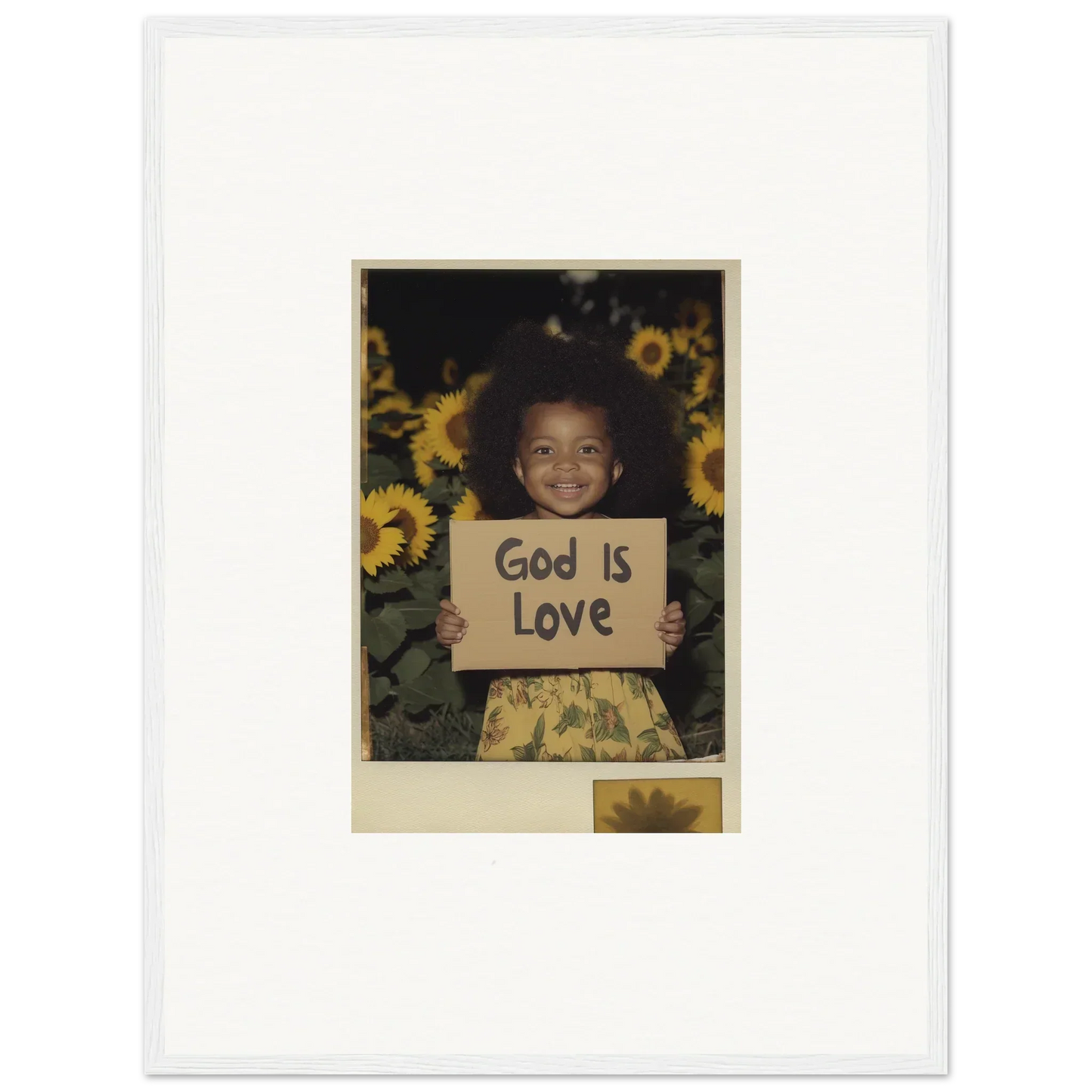 Framed photo of a child with God Is Love sign and sunflowers for room decoration