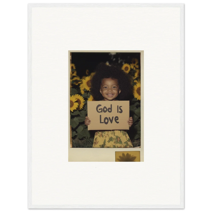 Framed photo of a child with God Is Love sign and sunflowers for room decoration