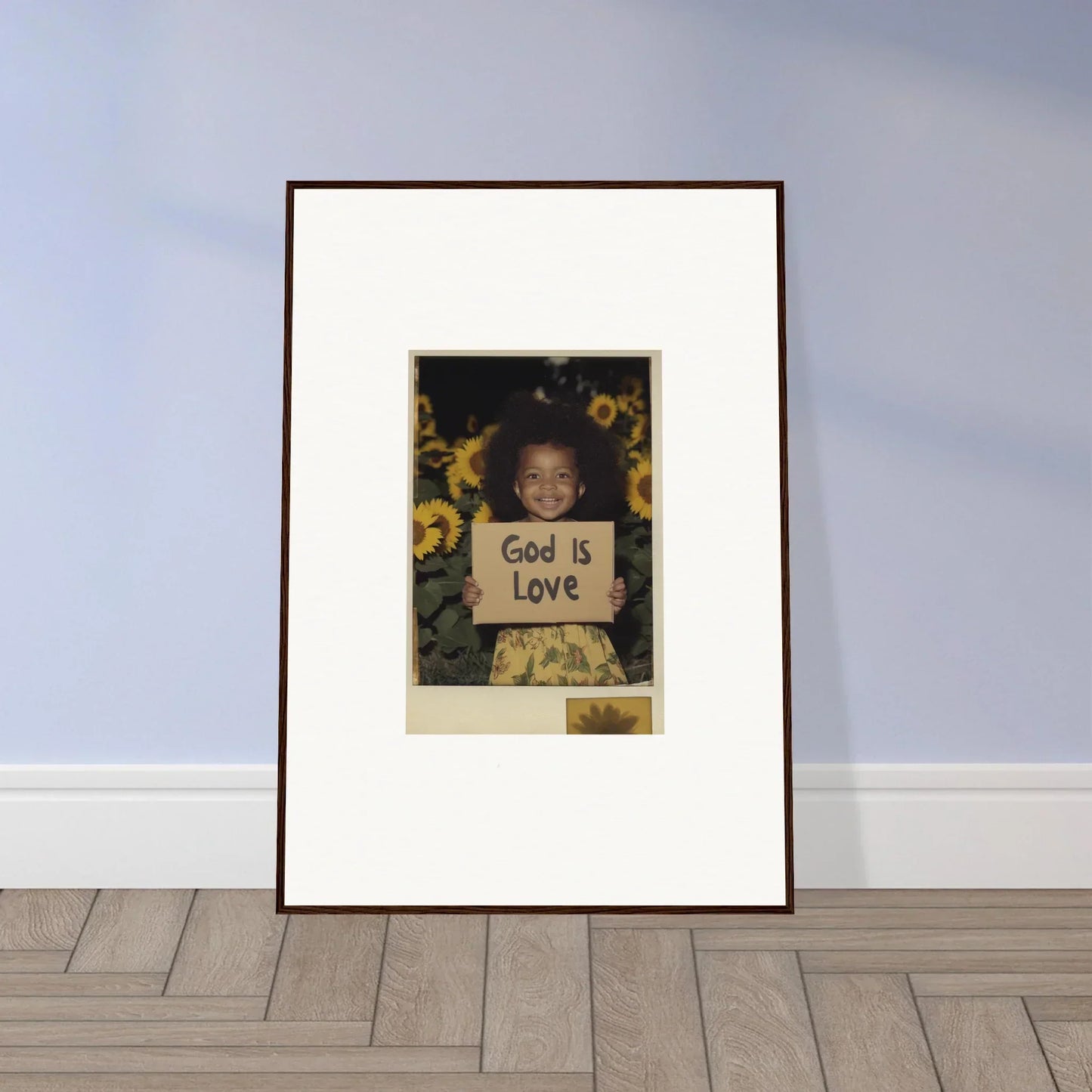 Framed wall art of person with God is Love sign and sunflowers, perfect room decoration