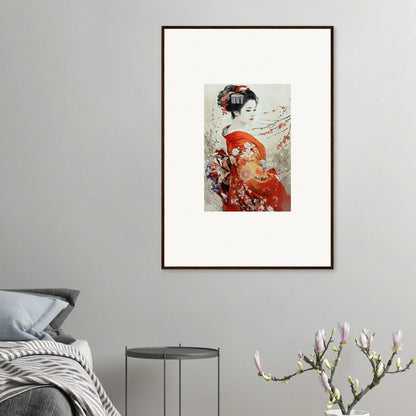 Framed Japanese-style art of a figure in a red kimono with cherry blossoms for Blossom Memories