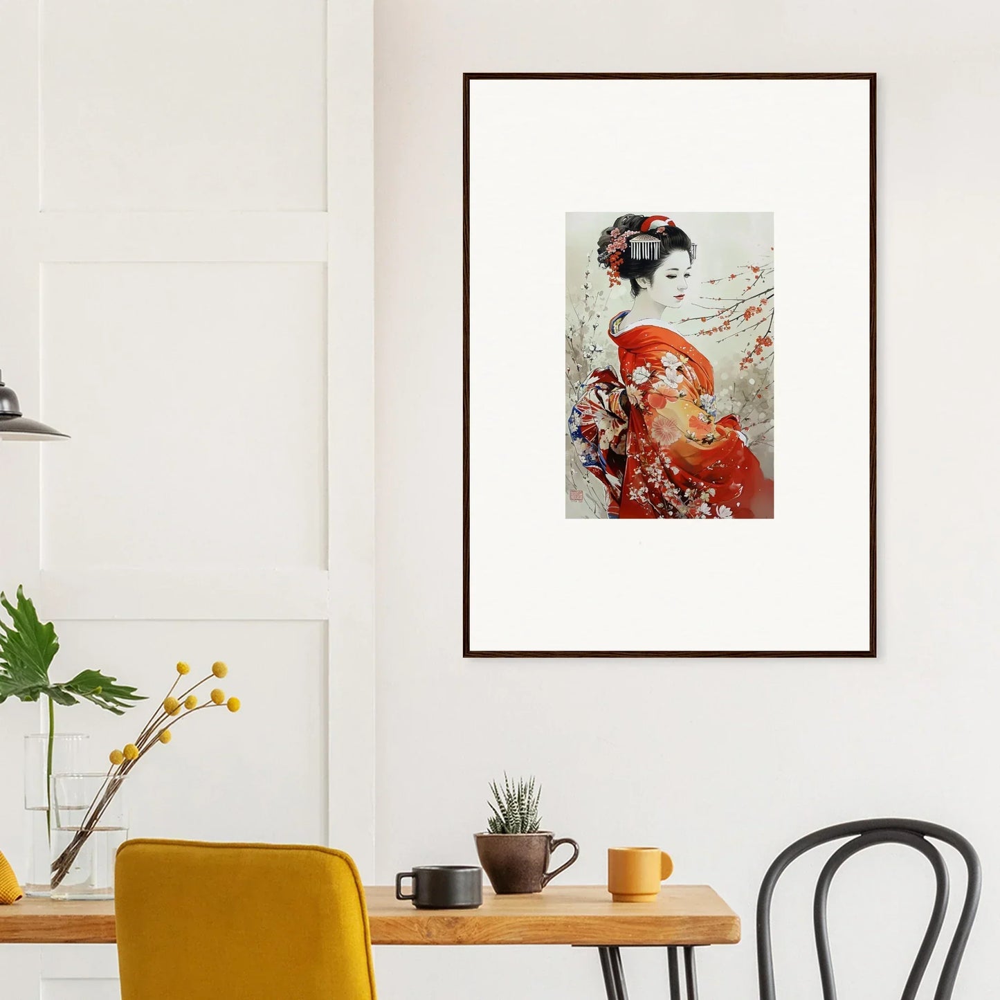 Framed Japanese geisha art in red kimono for Blossom Memories special edition art™