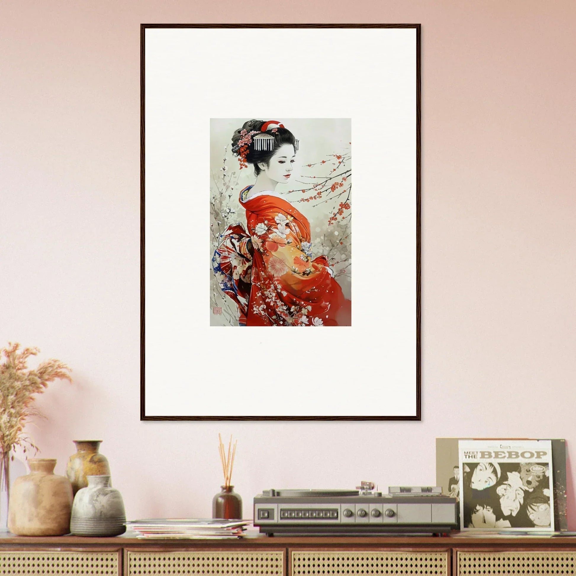 Framed Japanese Geisha art in red kimono with cherry blossoms for Blossom Memories premium wall