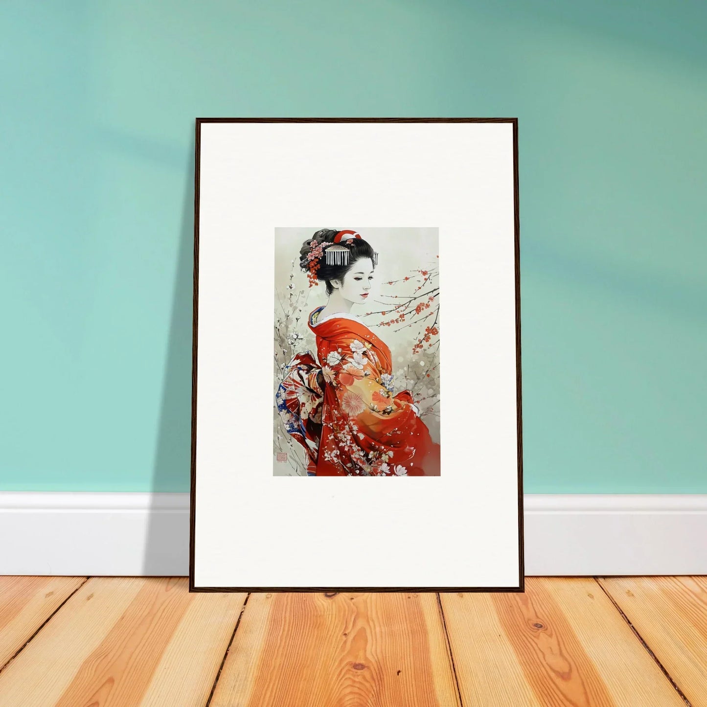 Framed Japanese art print of a geisha in a red kimono for Blossom Memories collection