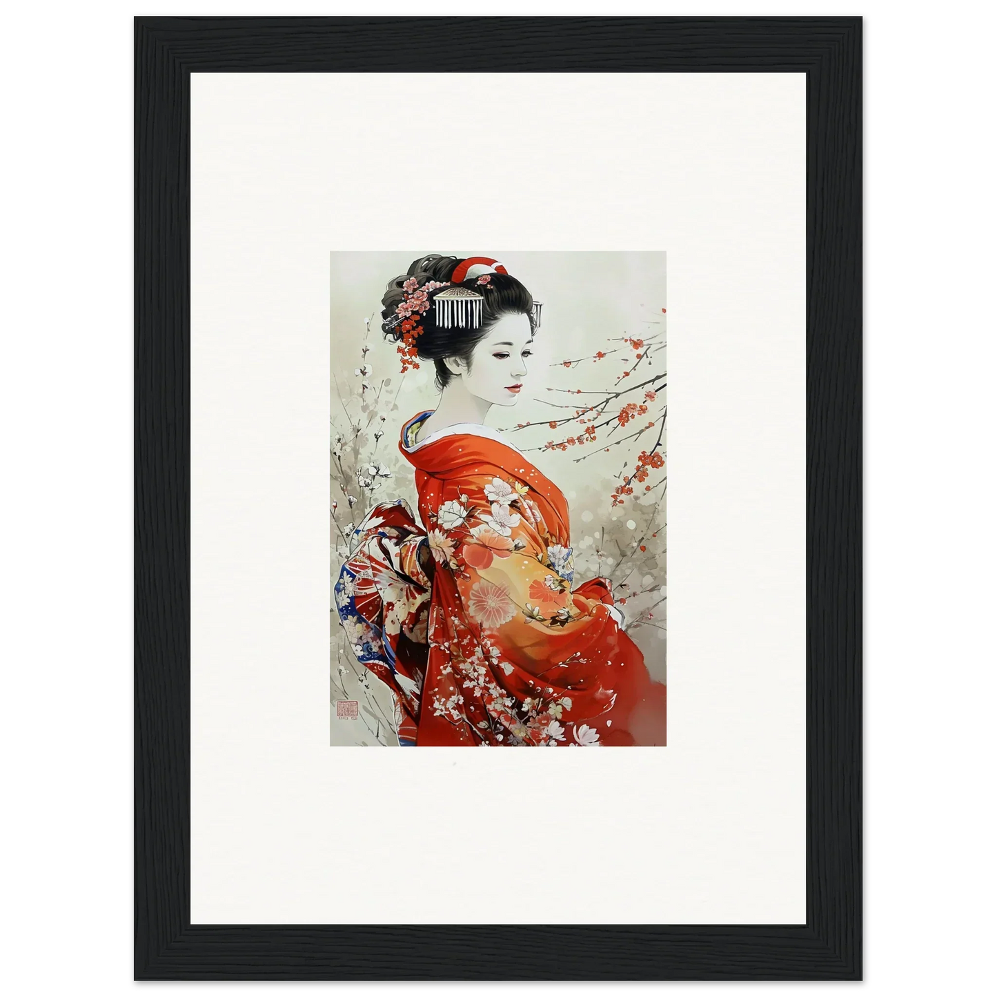 Framed Japanese art of a geisha in a red kimono, perfect for Blossom Memories collection