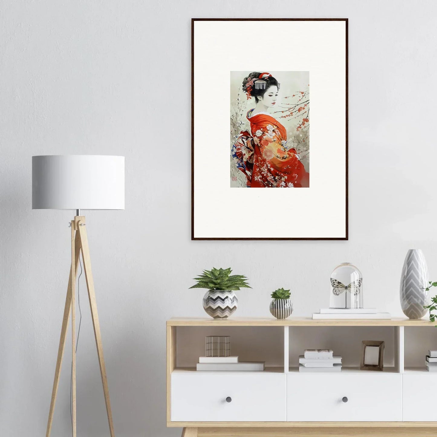 Framed Japanese geisha artwork in red and white for Blossom Memories premium wall art