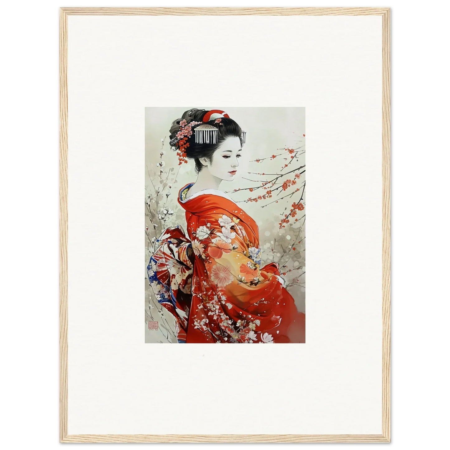 Traditional Japanese geisha in vibrant red kimono from Blossom Memories special edition art