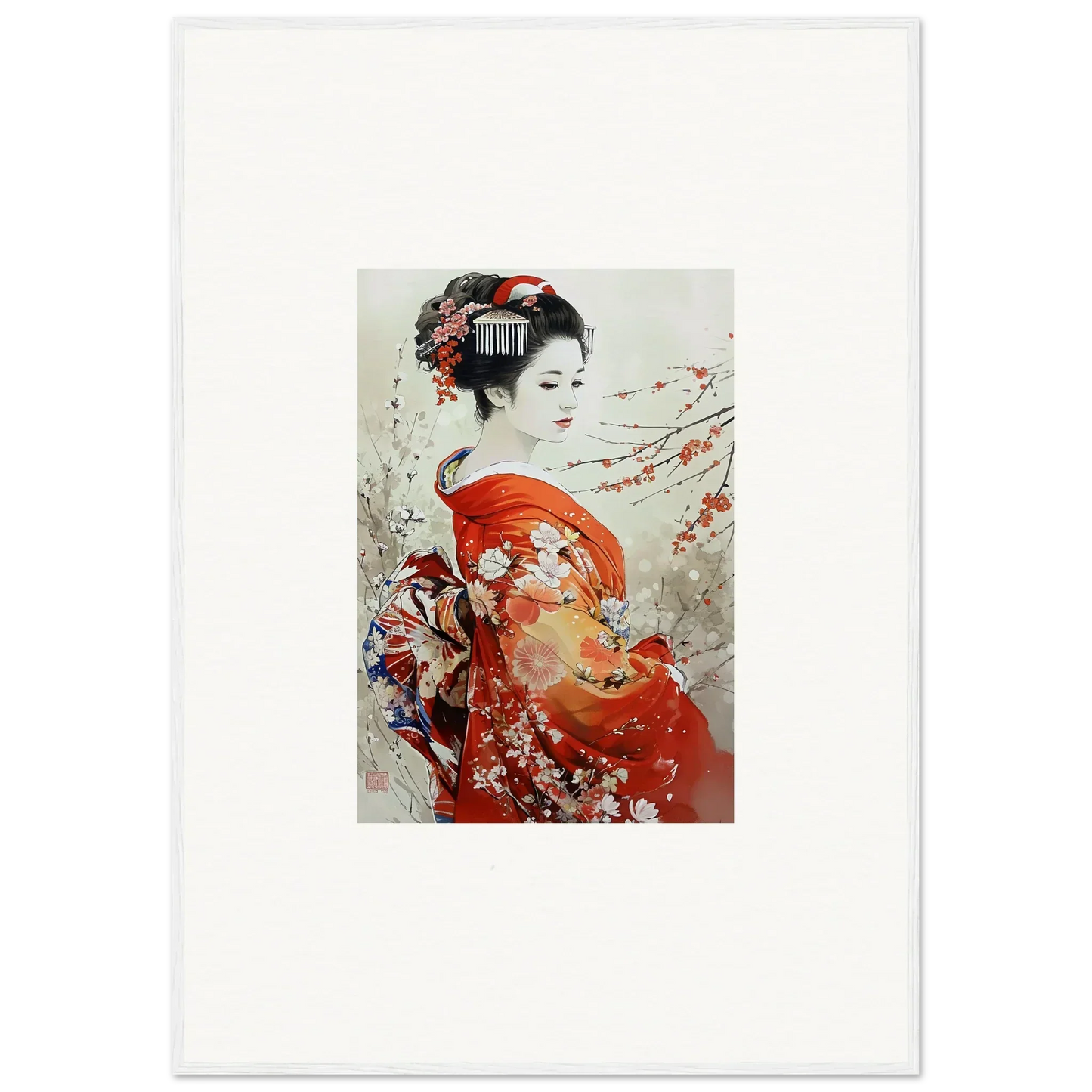 Traditional Japanese artwork of a geisha in red kimono for Blossom Memories special edition