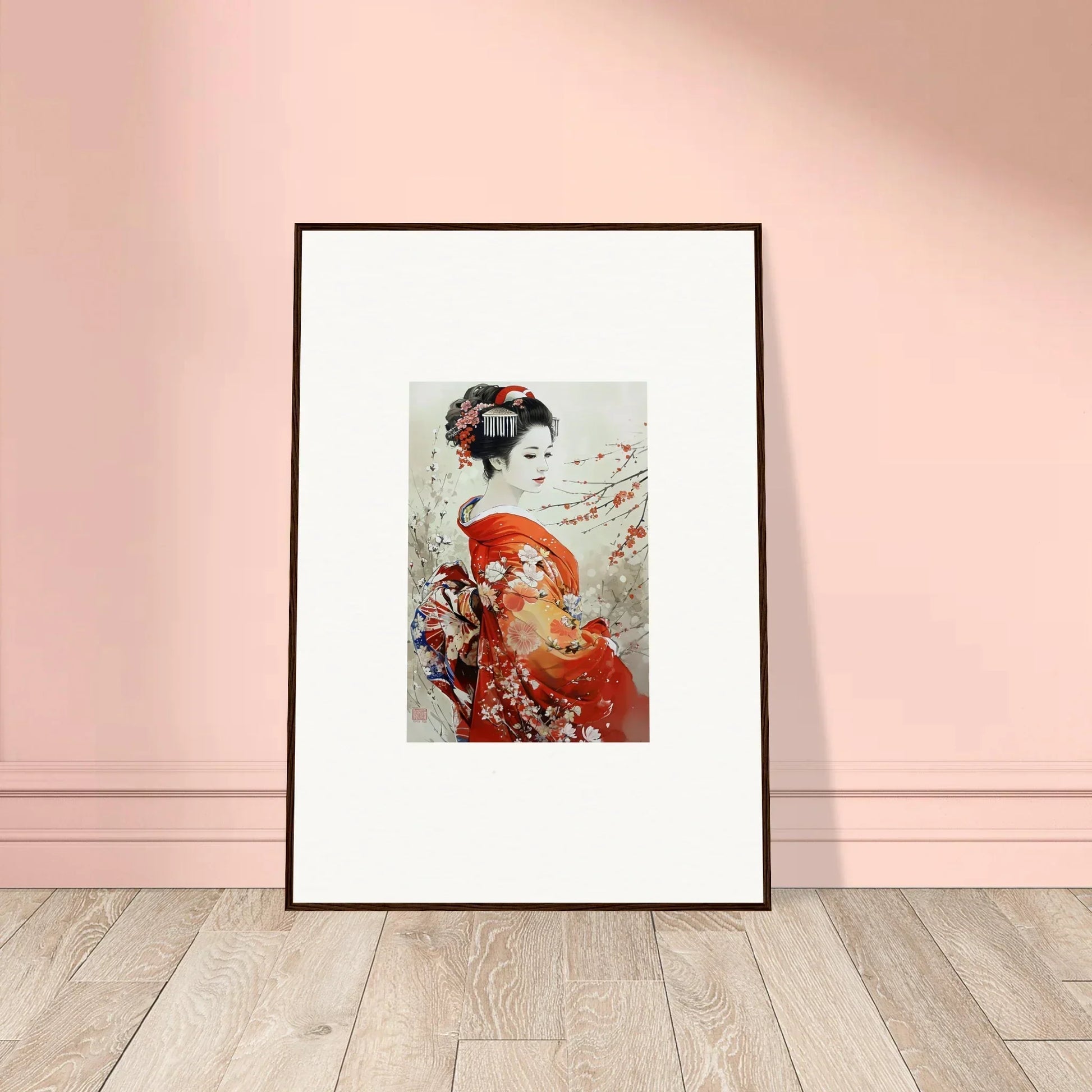 Framed Japanese Geisha art in red kimono with cherry blossoms for Blossom Memories