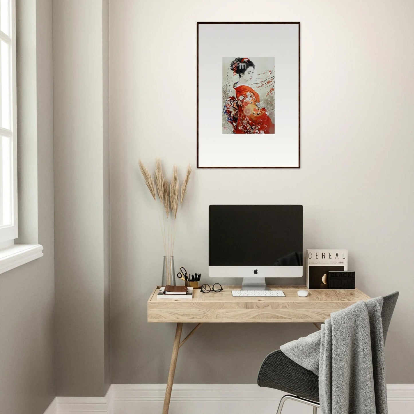 Simple wooden desk with iMac, perfect for Blossom Memories and special edition art