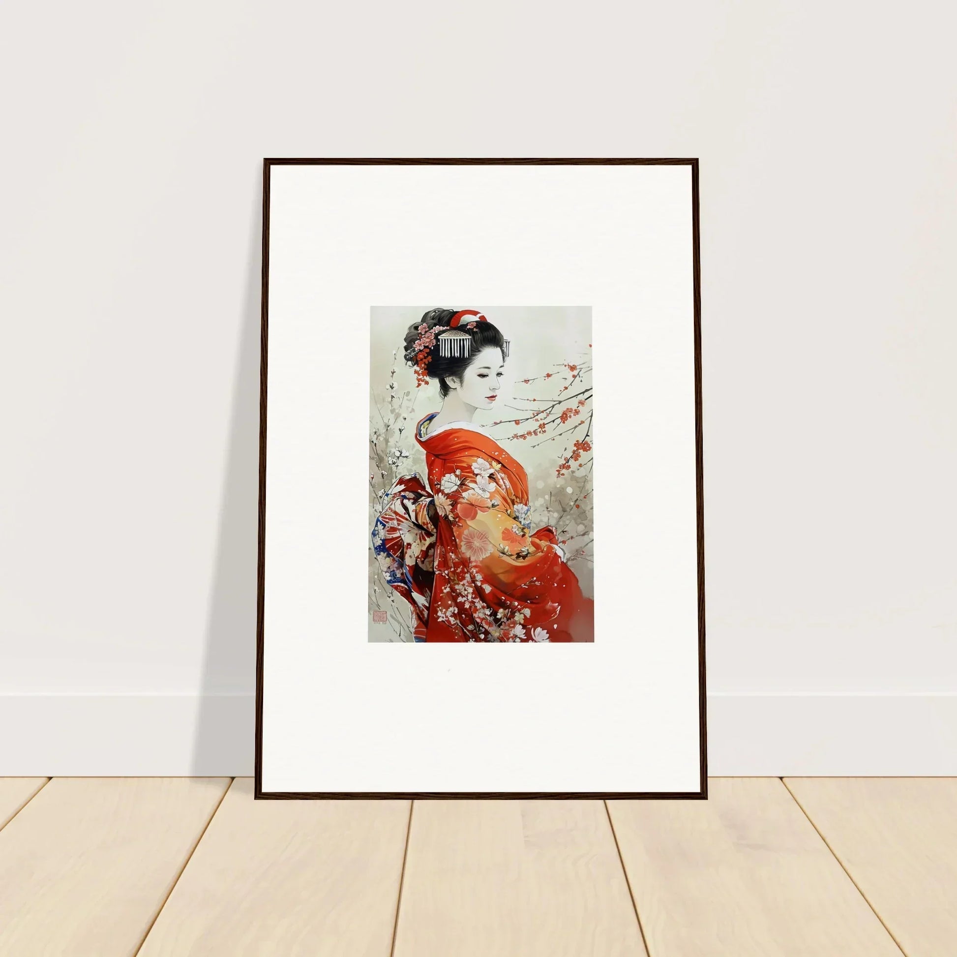 Framed Japanese art print of a geisha in a red kimono for Blossom Memories decor