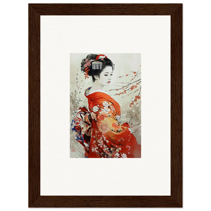 Traditional Japanese geisha in red kimono with cherry blossoms for Blossom Memories art