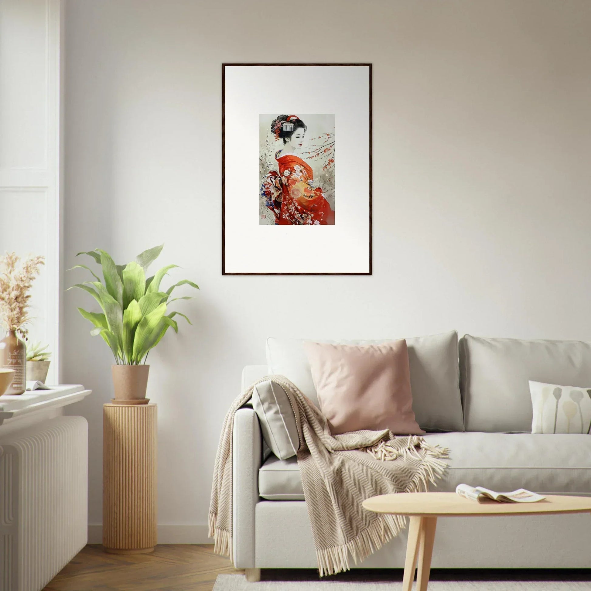 Framed Japanese-style art print of a figure in a red kimono from Blossom Memories