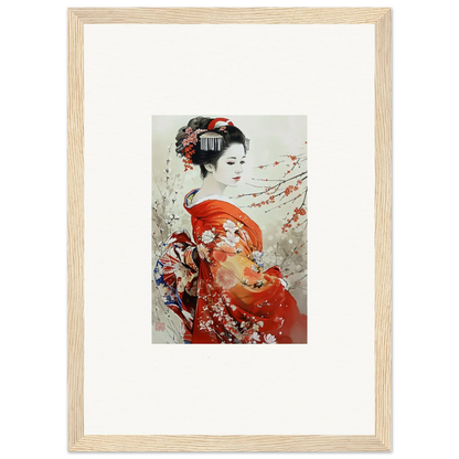 Framed Japanese artwork of a geisha in red kimono for Blossom Memories collection