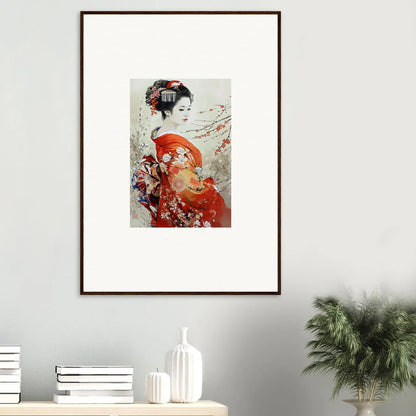 Framed Japanese Geisha artwork in red kimono with cherry blossoms for Blossom Memories