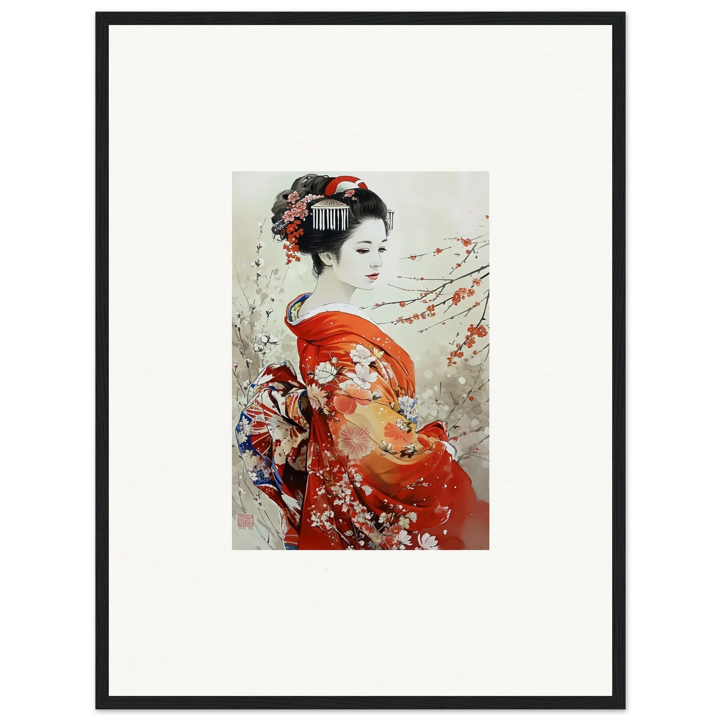 Traditional Japanese Geisha in a red floral kimono from Blossom Memories special edition art™