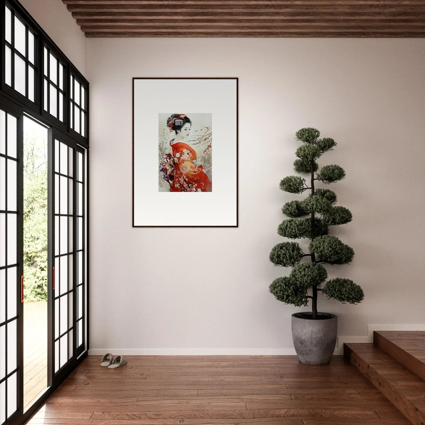 Japanese-style artwork of a geisha with autumn leaves in Blossom Memories premium framed wall