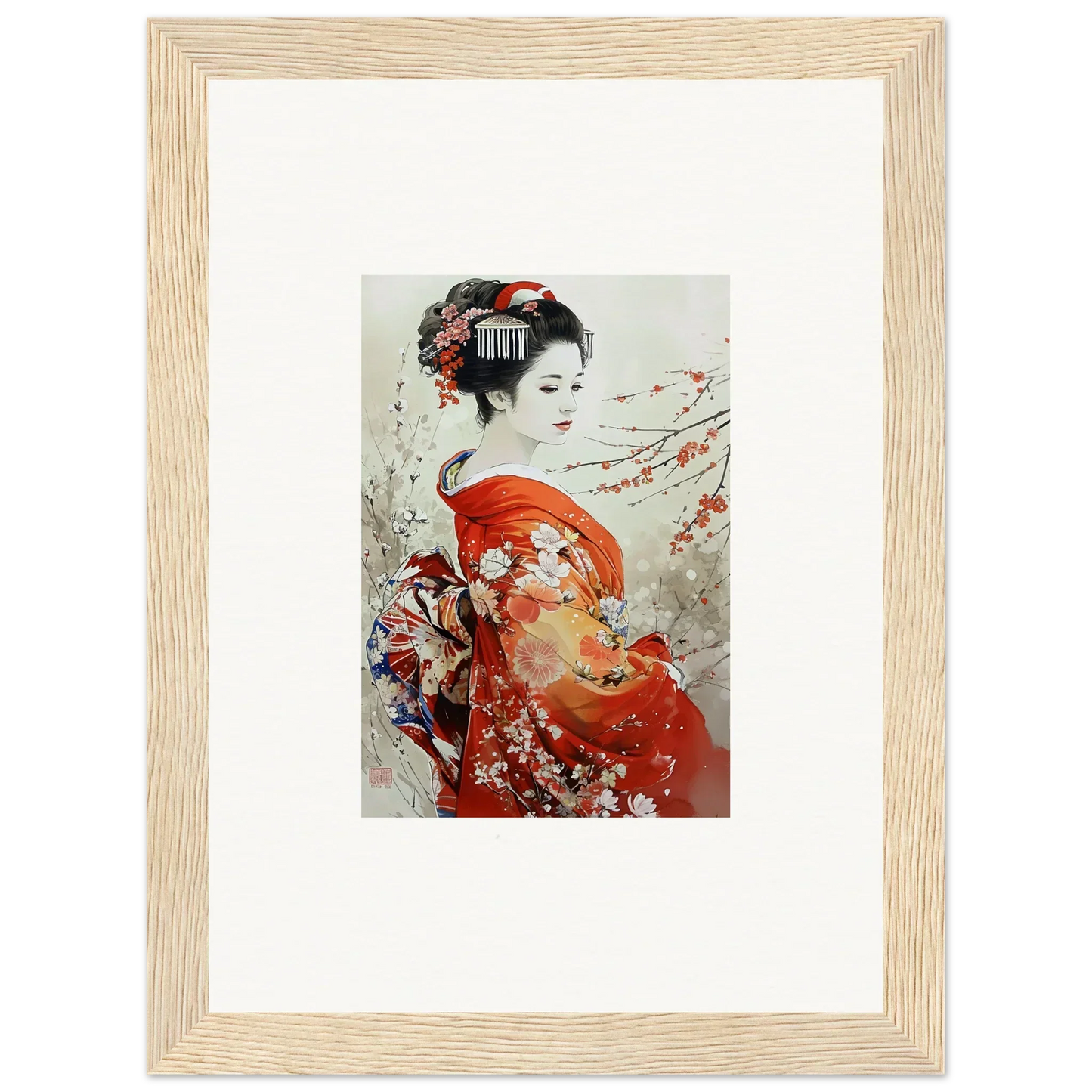 Framed Japanese art of a geisha in a red kimono for Blossom Memories collection