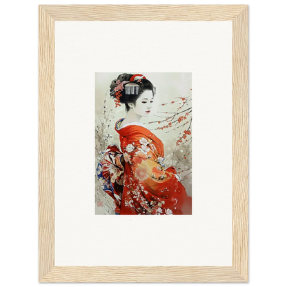 Framed Japanese art of a geisha in a red kimono for Blossom Memories collection