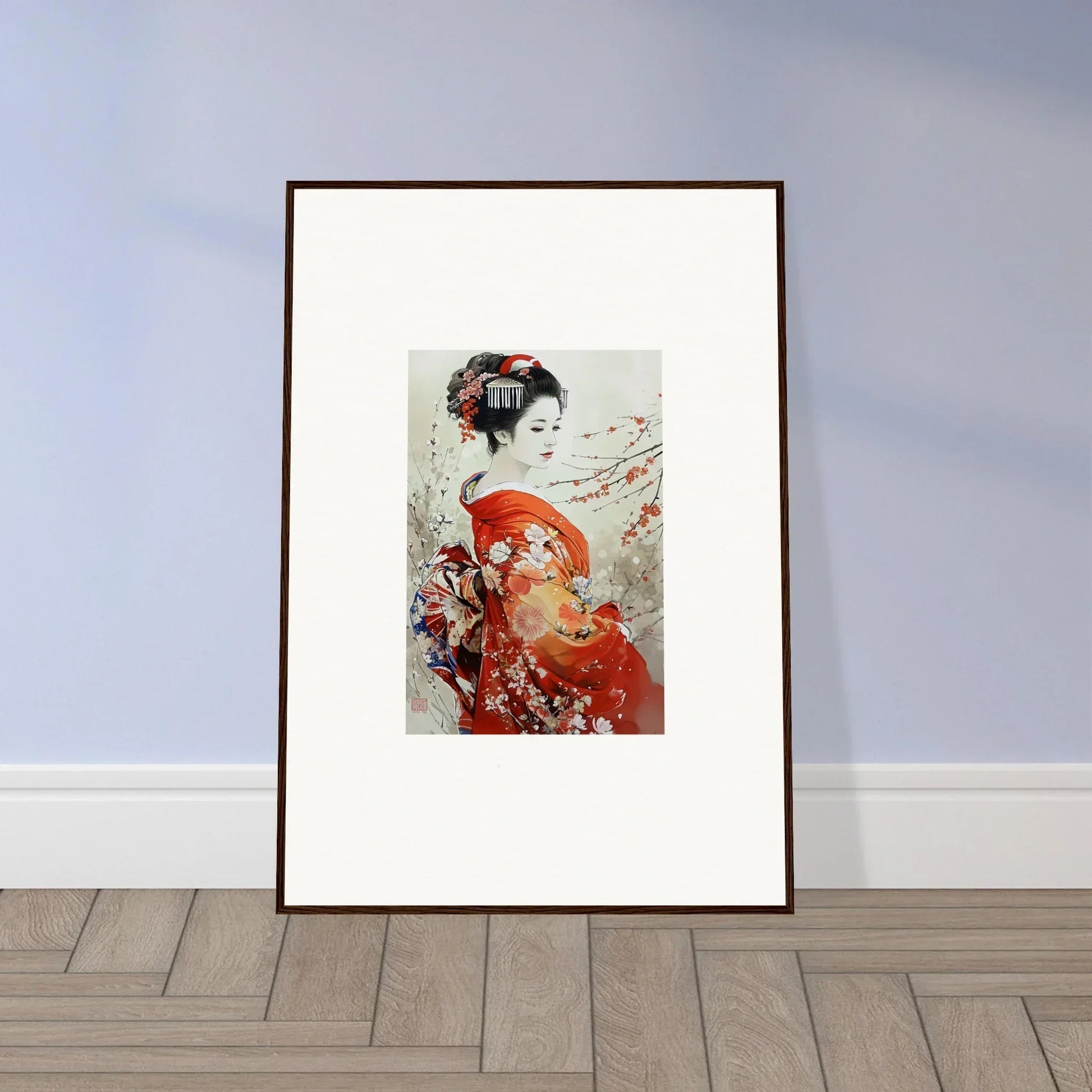 Framed Japanese art print of a figure in a red kimono with cherry blossoms for Blossom Memories