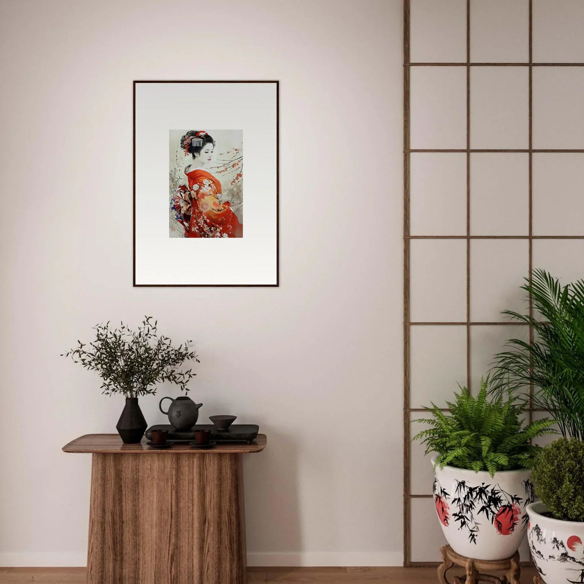 Framed Japanese art print of a geisha with red parasol in Blossom Memories collection