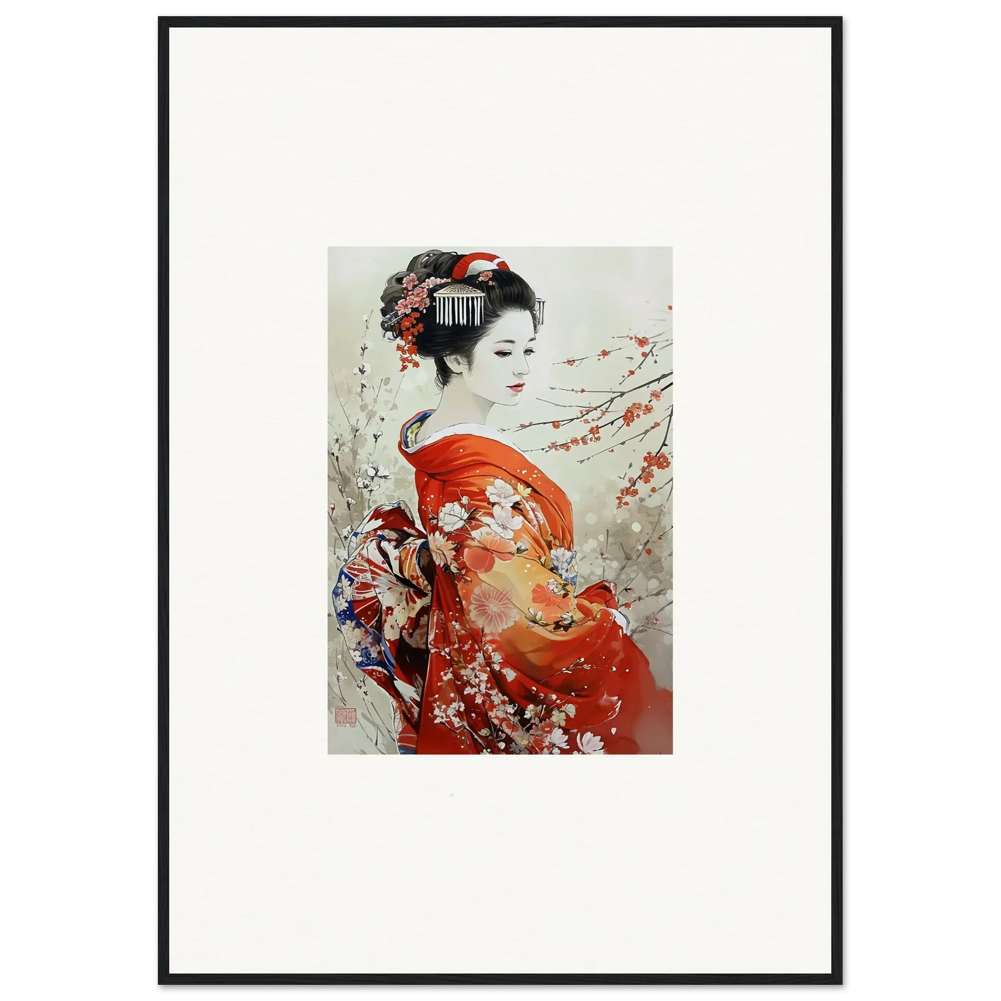 Traditional Japanese artwork of a geisha in red kimono for Blossom Memories premium framed wall