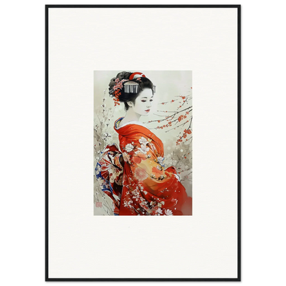 Traditional Japanese artwork of a geisha in red kimono for Blossom Memories premium framed wall