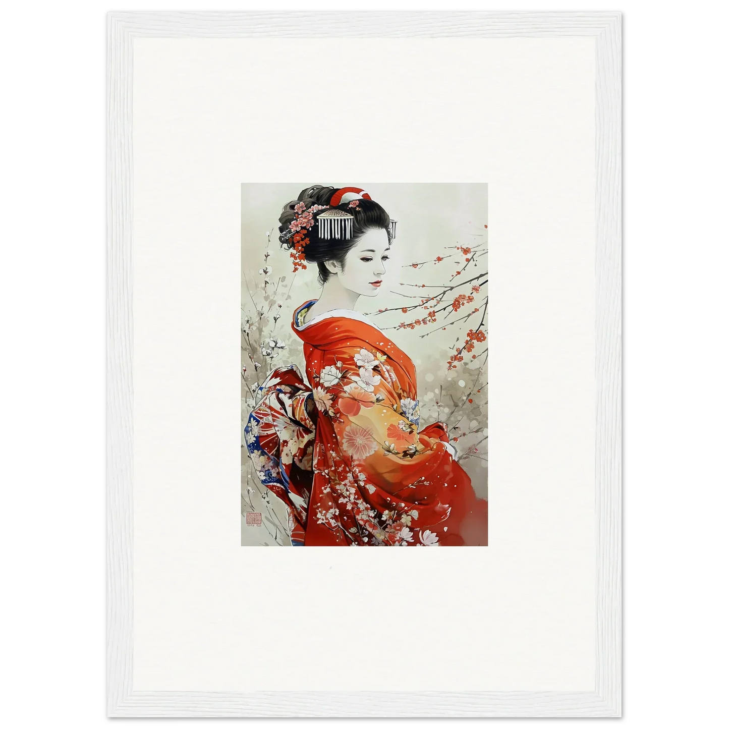 Traditional Japanese artwork of a geisha in red kimono, Blossom Memories special edition art