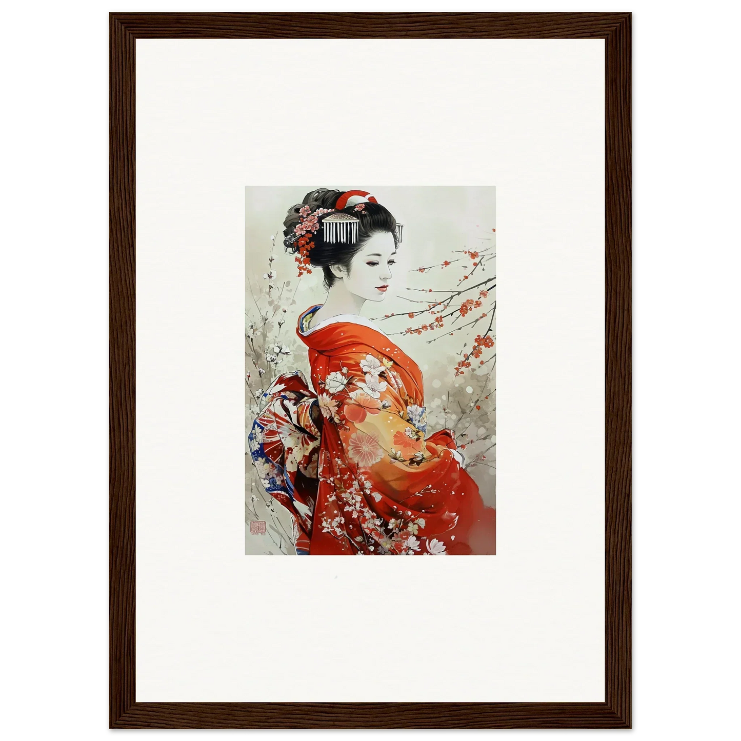 Framed Blossom Memories artwork featuring a geisha in a red kimono with cherry blossoms