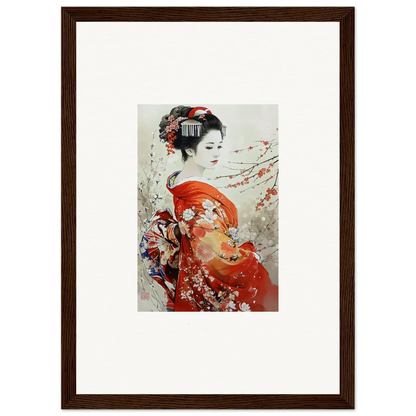 Framed Blossom Memories artwork featuring a geisha in a red kimono with cherry blossoms