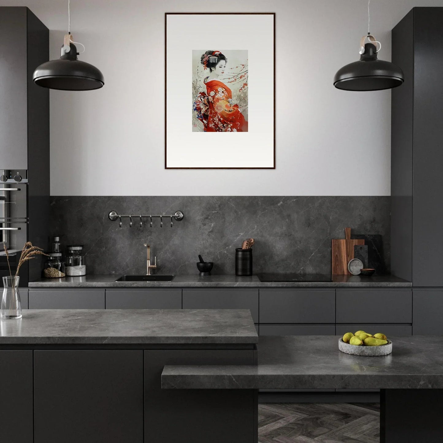 Modern dark gray kitchen with Blossom Memories’ premium framed wall art and industrial lights