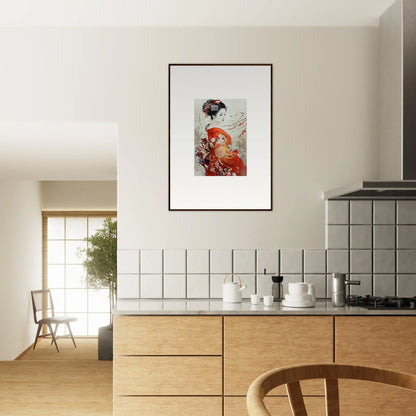 Framed Japanese art print of a figure in a red kimono for Blossom Memories collection