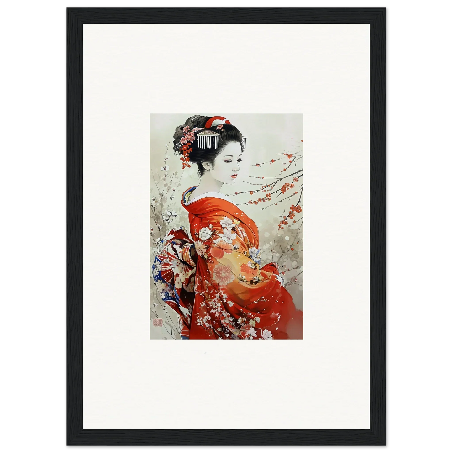 Stunning Blossom Memories special edition art™ of a geisha in a red kimono with cherry blossoms