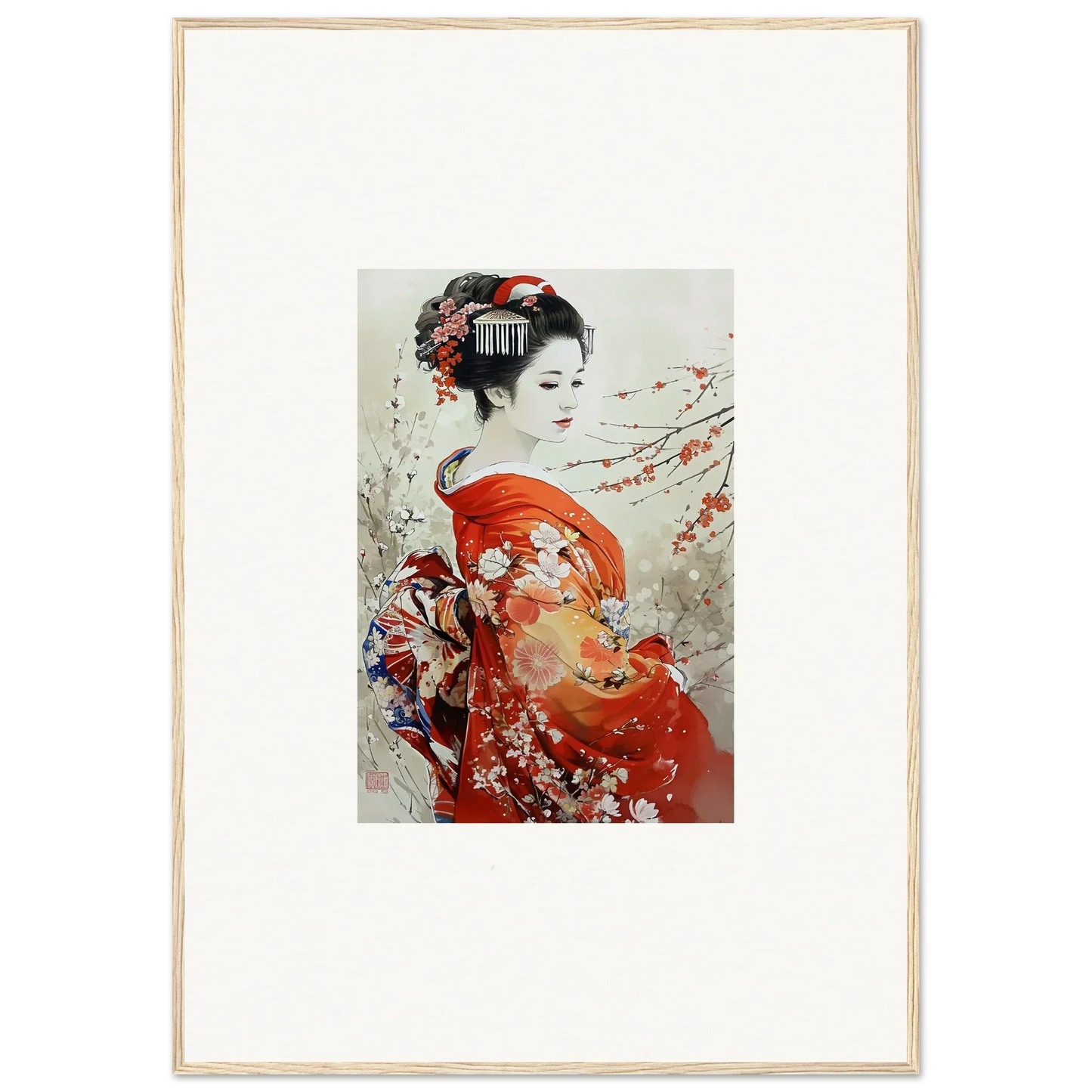 Traditional Japanese art of a geisha in a red kimono for Blossom Memories special edition