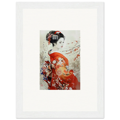 Traditional Japanese artwork of a geisha in a red kimono for Blossom Memories