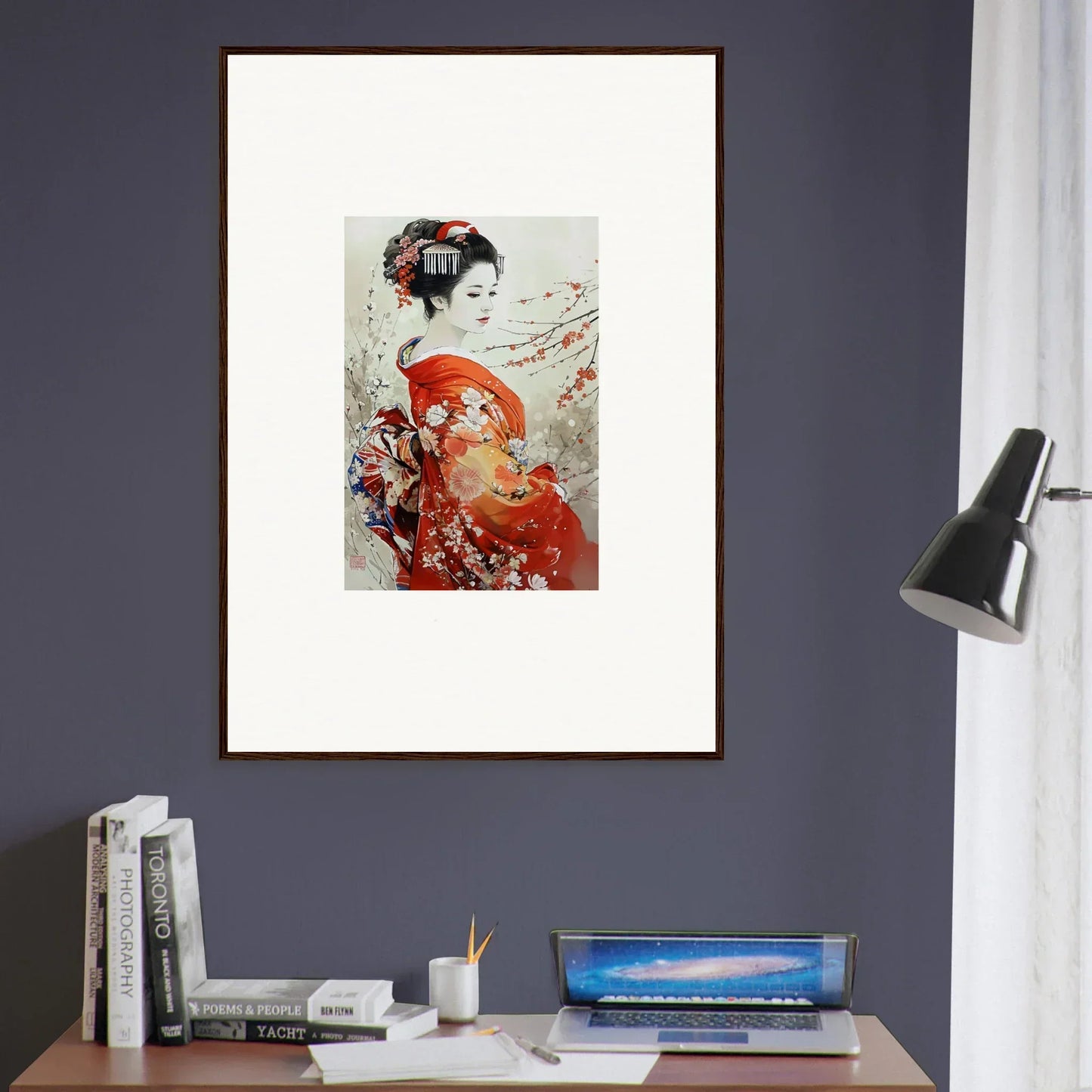 Framed Japanese Geisha artwork from Blossom Memories with a red kimono and orange parasol