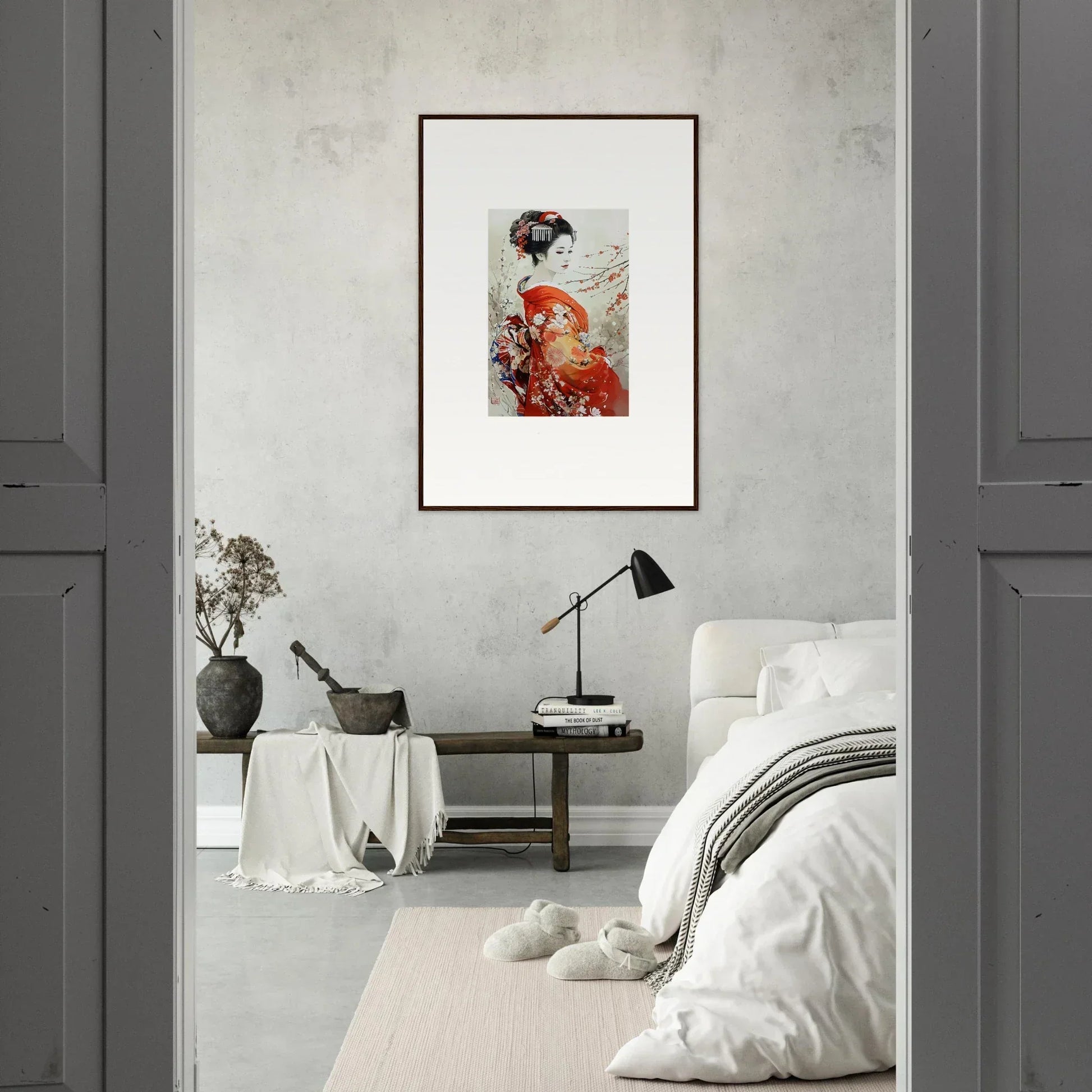 Framed Japanese art print of a woman in a red kimono, Blossom Memories special edition