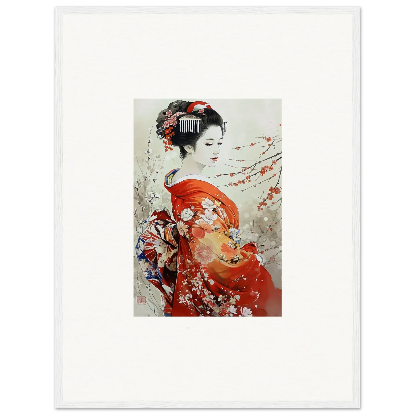 Traditional Japanese artwork of a geisha in red kimono for Blossom Memories special edition art™