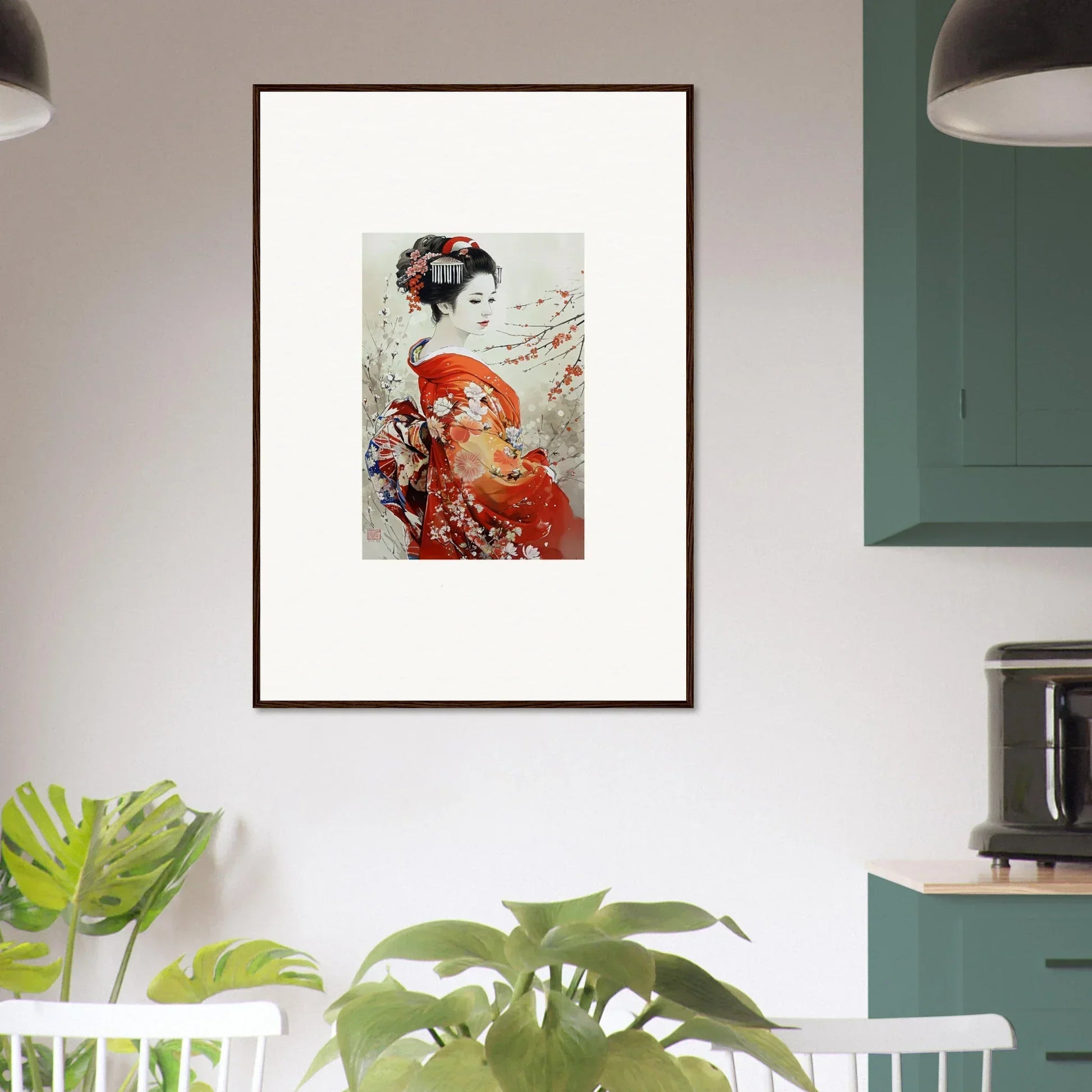 Framed Japanese geisha art in red kimono with blossoms, perfect for Blossom Memories collection