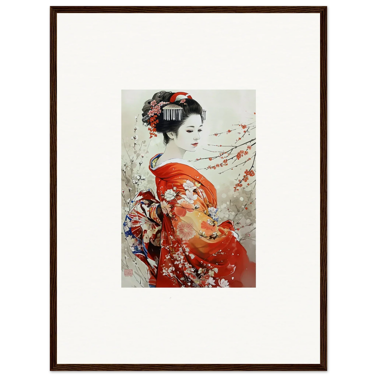 Traditional Japanese art of a geisha in red kimono, part of Blossom Memories special edition