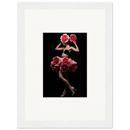 Artistic photograph of a figure adorned with vibrant red roses against a dark background.