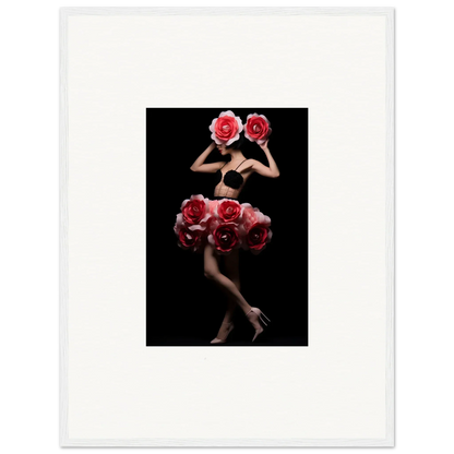 Artistic photograph of a figure adorned with vibrant red roses against a black background.