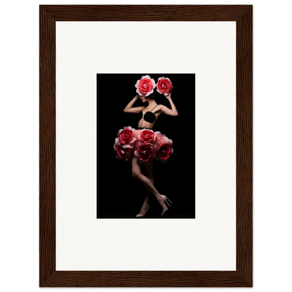 Framed artistic photograph of a figure adorned with vibrant red roses against a dark background.