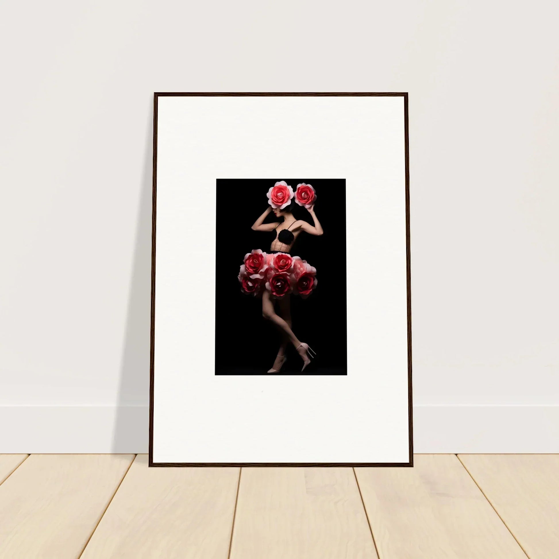 Framed artwork depicting a figure in a red flamenco-style dress against a dark background.