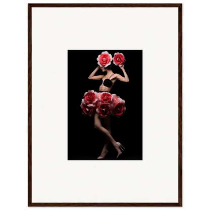 Artistic photograph of a figure adorned with vibrant red roses against a black background.